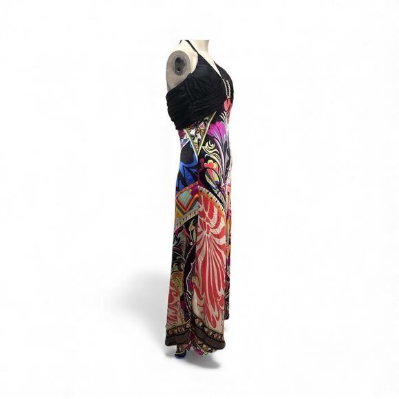 Cache Women’s XS Funky Print 90s Y2K Long Maxi SILK Dress Retro Halter USA - Picture 3 of 12